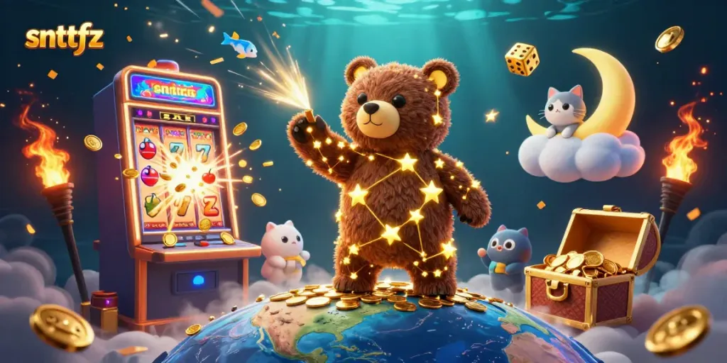 snttfz features a bright 3D casino scene with festive slot machines, lucky symbols, and celestial characters.