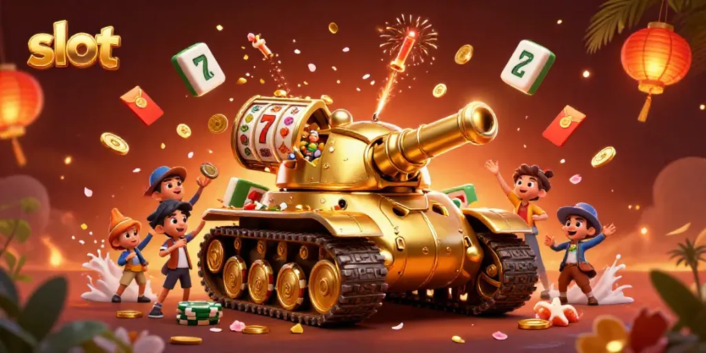 Experience thrilling slot action with a golden beetle tank revealing a miniature casino.
