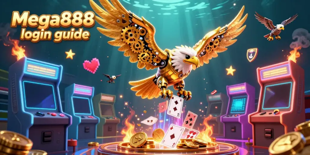 Engage with the Mega888 login guide as a golden eagle dives through holographic cards in a vibrant casino scene.
