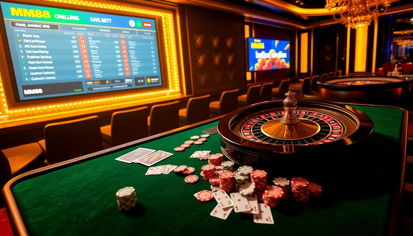 Experience excitement at MM88's vibrant casino scene with roulette and poker elements.
