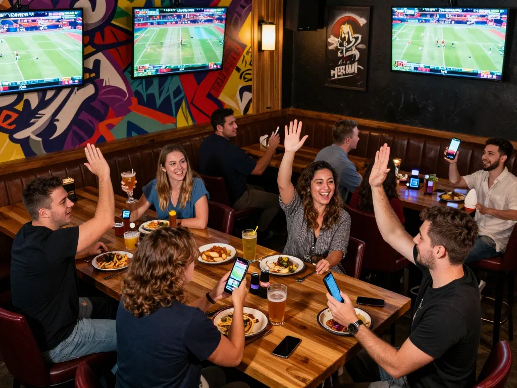 Soi kèo strategies in action as friends celebrate wins while using mobile betting apps in a lively sports bar