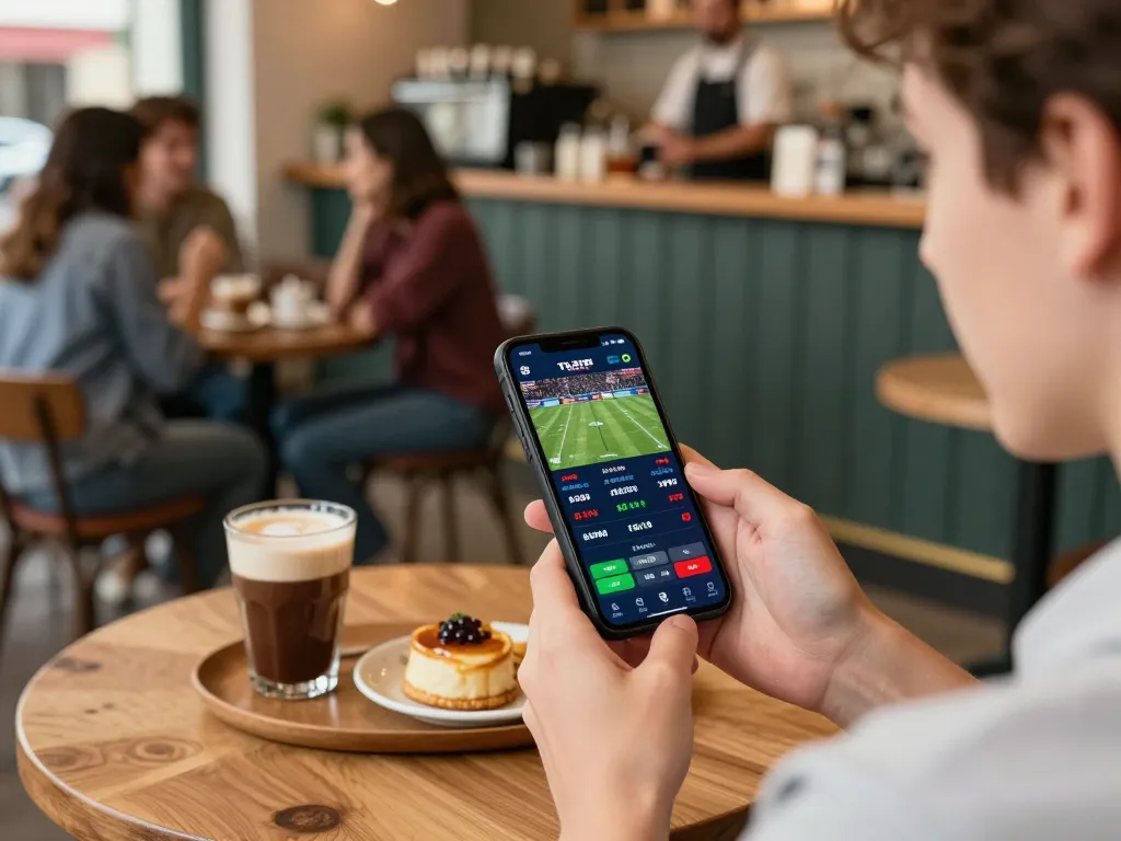 Rikvip user engaging with sports betting app in a lively coffee shop, showcasing live betting excitement.