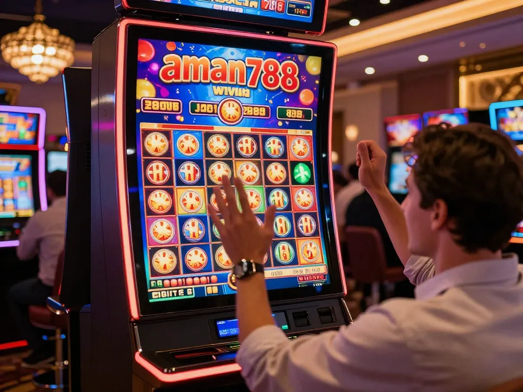 A player celebrating a jackpot win while playing aman788 slot online with a colorful slot machine interface in a cozy home.