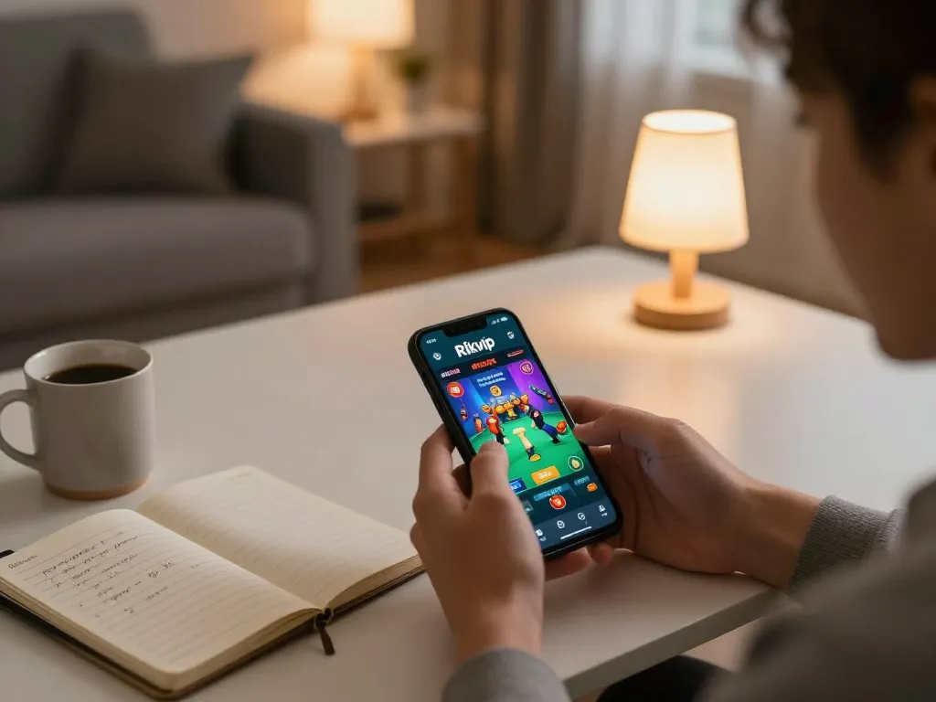 Player enjoying Rikvip online casino gaming on mobile device in cozy home atmosphere