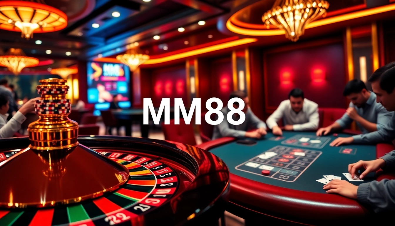 Experience the thrill of MM88 online gambling with vibrant casino elements, including roulette, poker, and poker chips.