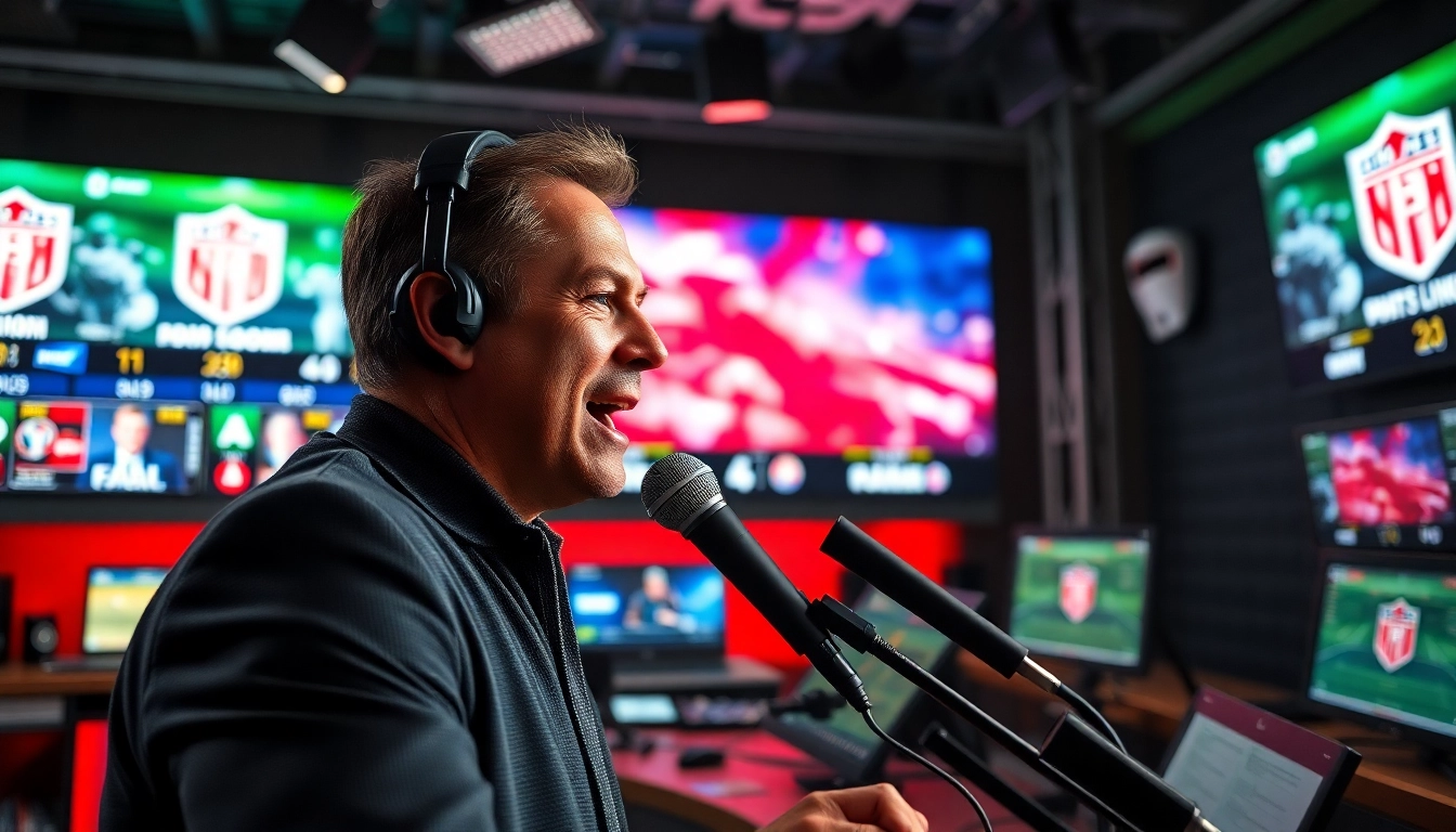 Engaging sports broadcasting setup showcasing an excited announcer during a live event.