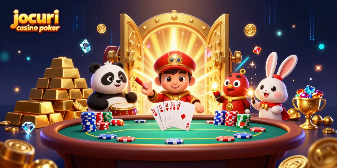 Joacă jocuri casino poker cu monede de aur și cărți premium într-o atmosferă vibrantă.