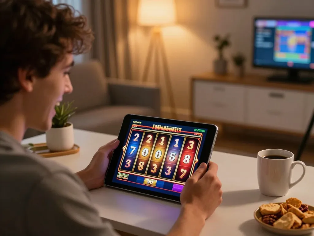 Celebrating a winning spin while playing slot online on a tablet at home.