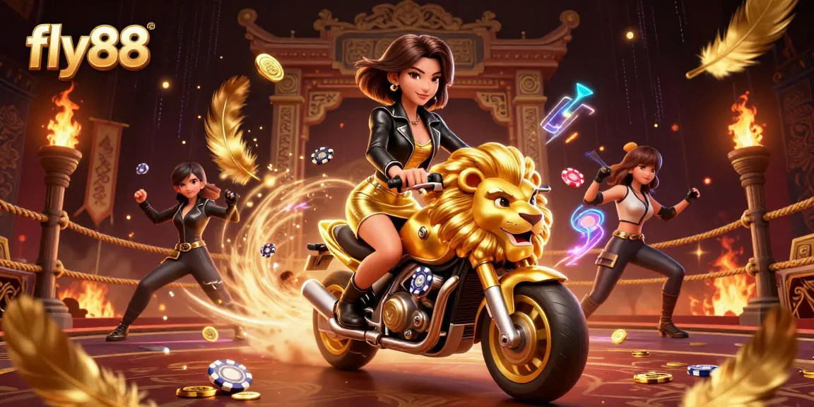 Experience thrilling gameplay at fly88 with a glamorous Asian woman riding a golden lion mascot amidst a vibrant casino scene.