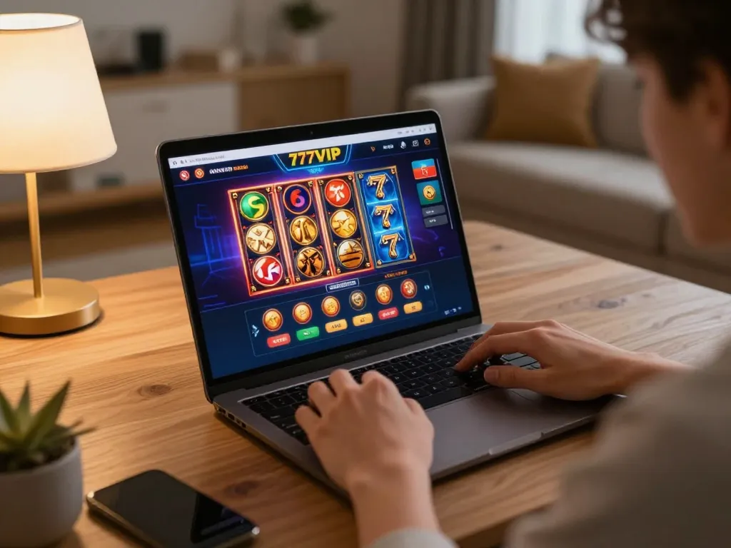 Player engaging with the 777VIP online casino interface on laptop, displaying vibrant gaming action