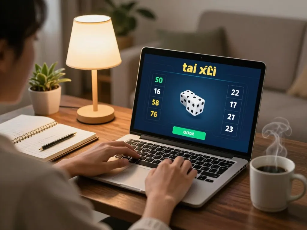 Playing tài xỉu go88 online on a laptop with cozy ambiance.