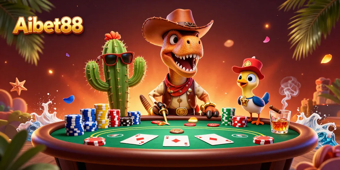 Aibet88 poker-themed illustration featuring a T-Rex cowboy and companions engaging in a lively game