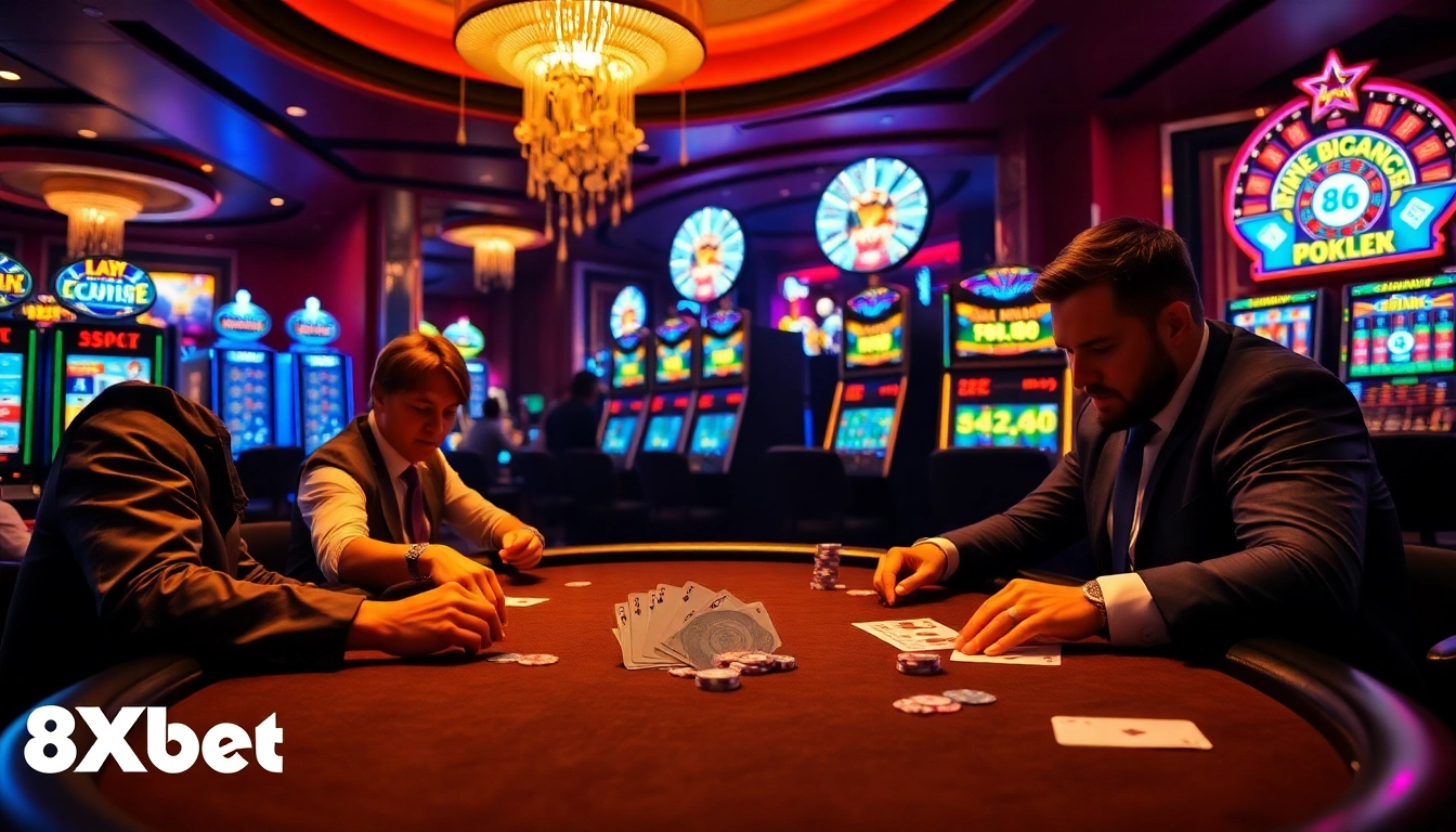 Players enjoying a thrilling game at the 8Xbet poker table in a vibrant casino environment.