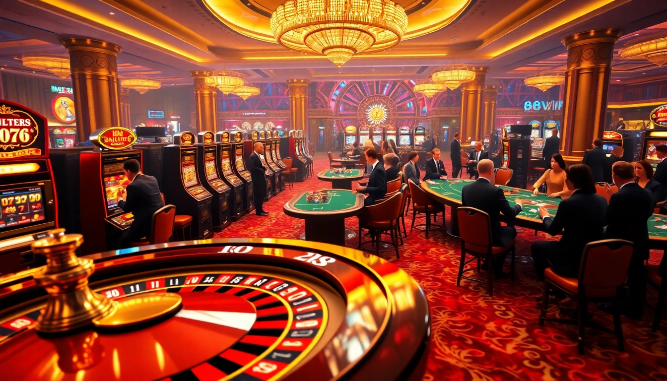 Experience the excitement of 68VIP with elegant poker tables and vibrant slot machines in a luxurious casino.