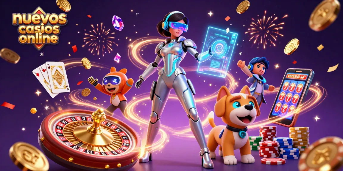 Experience nuevos casinos online with a stunning 3D woman and robot dog in a vibrant casino scene.