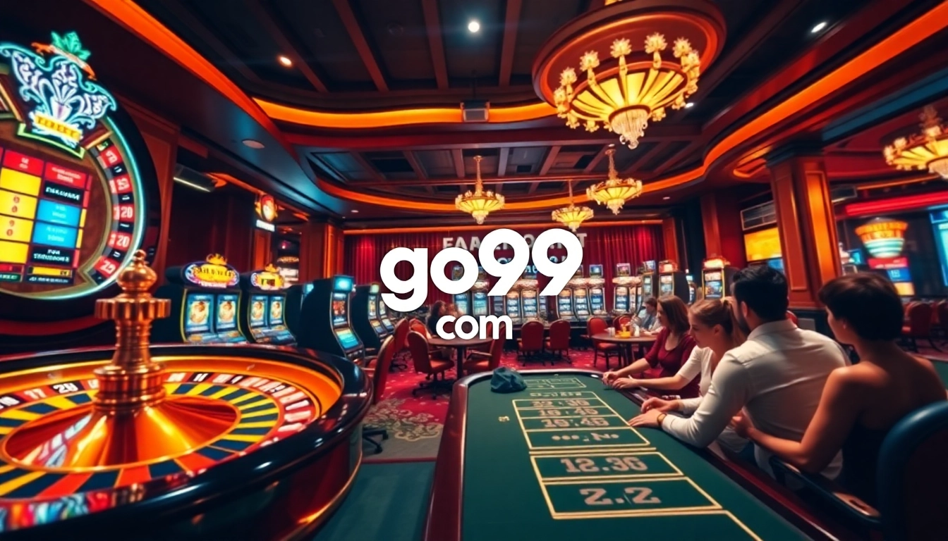 Experience the thrills of go99 com with an elegant casino scene featuring poker and slot machines.