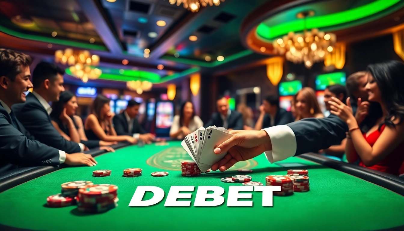 Players engaging in an exciting poker game at a luxury casino table, highlighting DEBET's thrilling atmosphere.