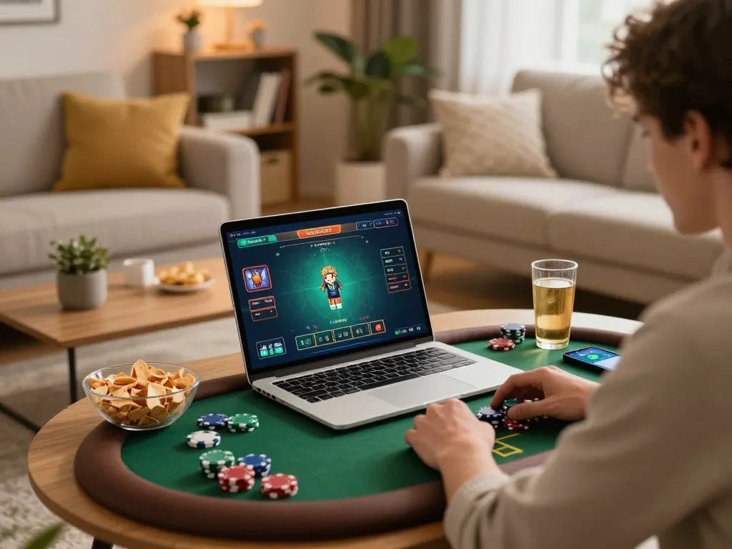 vin88 player focusing on online poker game at home with warm and inviting atmosphere