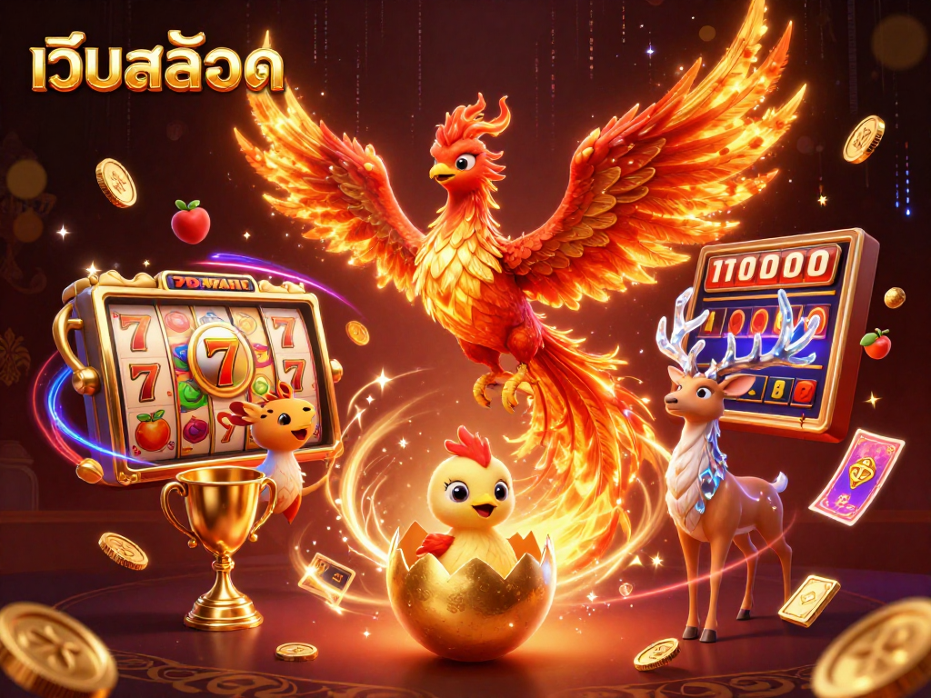 Engage in เว็บสล็อต action with vibrant slot reels, showcasing a phoenix and stag under dynamic casino elements.