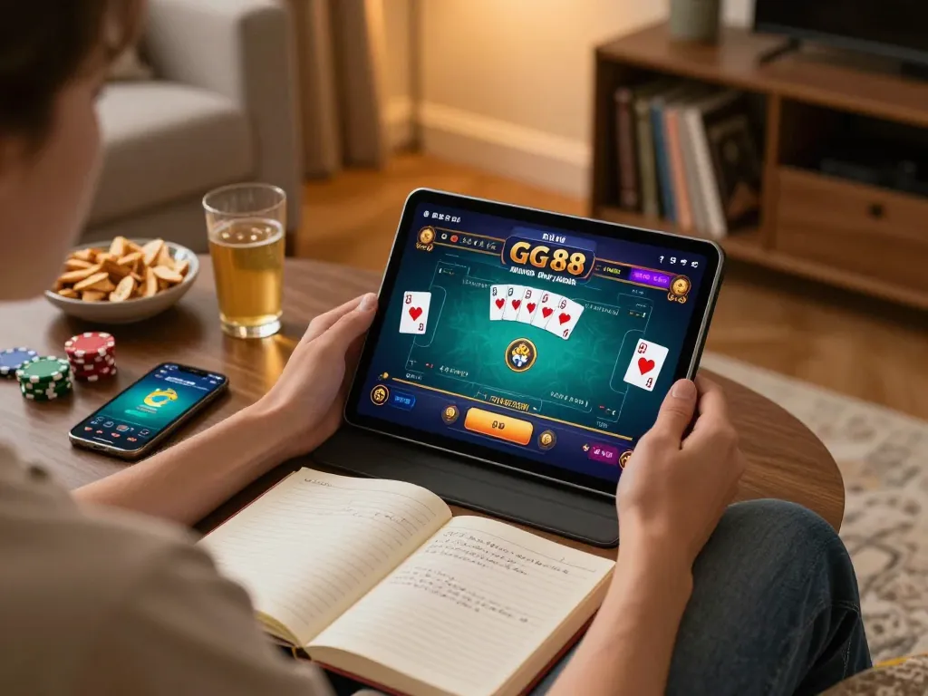 Engaging in GG 88 online gambling on a cozy tablet setup, with poker game interface visible and strategic notes around.