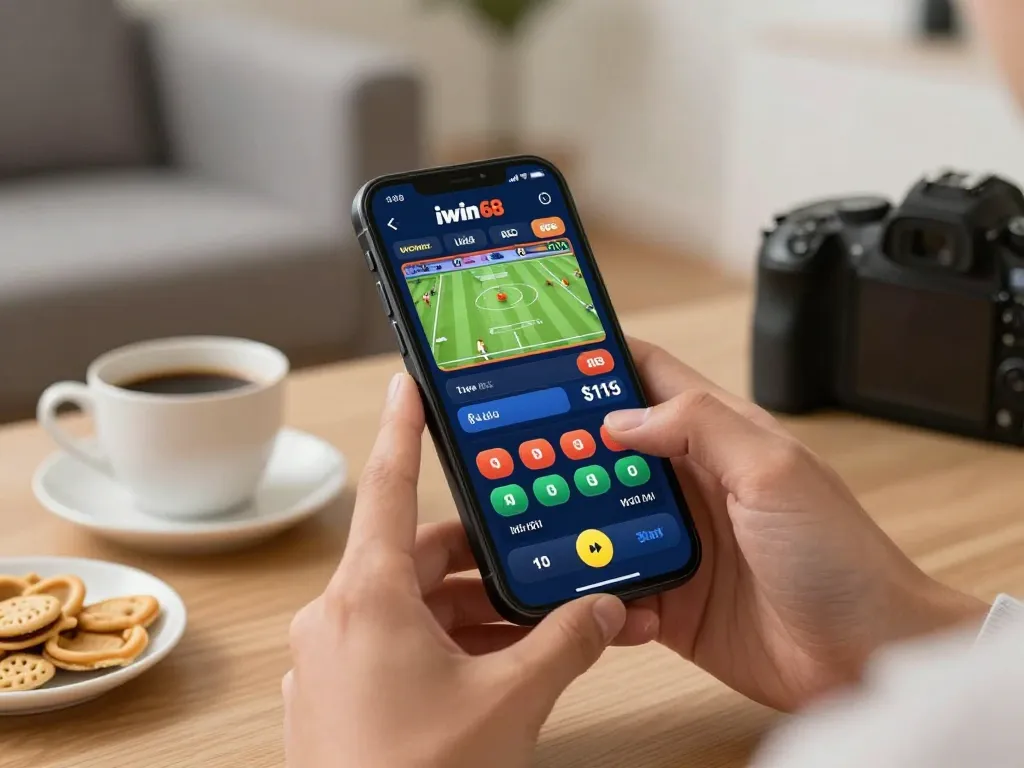 Placing bets using iwin 68 mobile app on smartphone in a cozy living room setting.