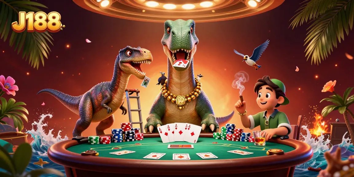 J188 offers a vibrant casino experience with a lively scene of dinosaur characters playing poker.