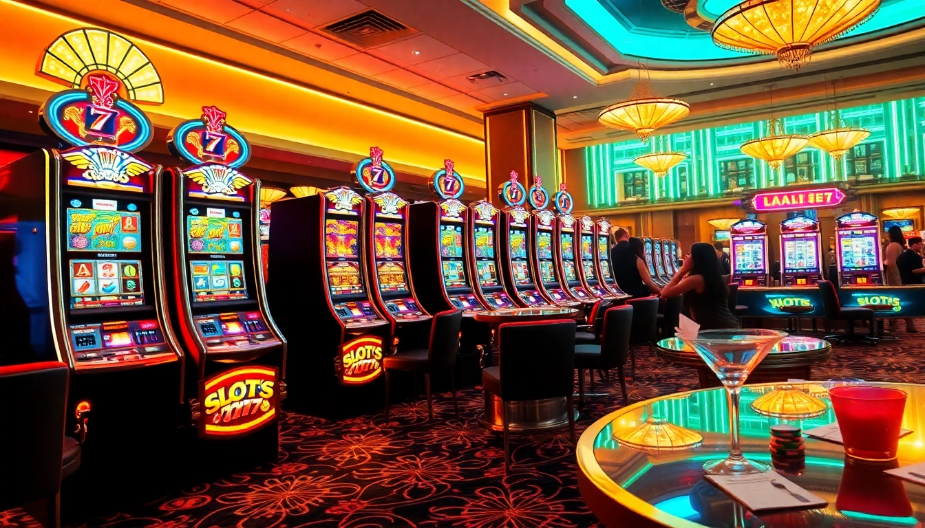 Play exciting slots777 games at our vibrant casino, featuring colorful machines and luxury elements.
