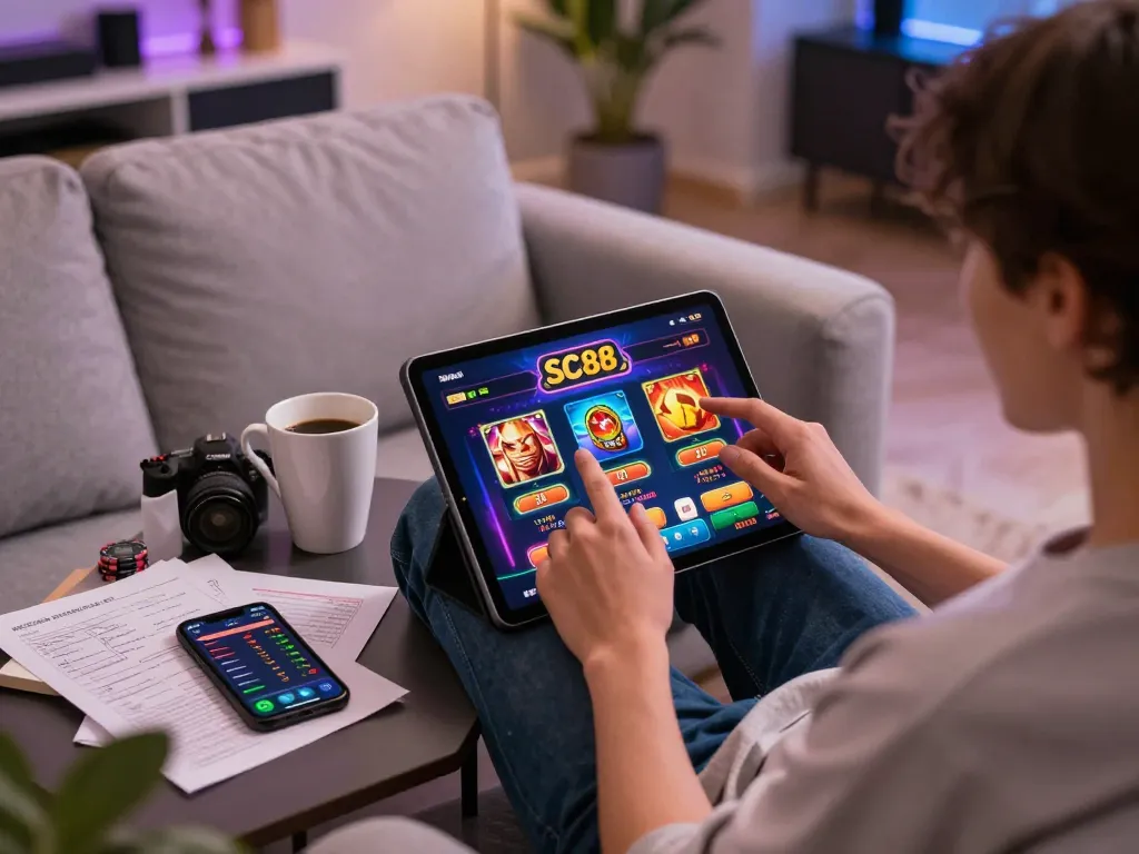 Engaged player using sc88 app on tablet for online casino gaming, showcasing strategy notes.