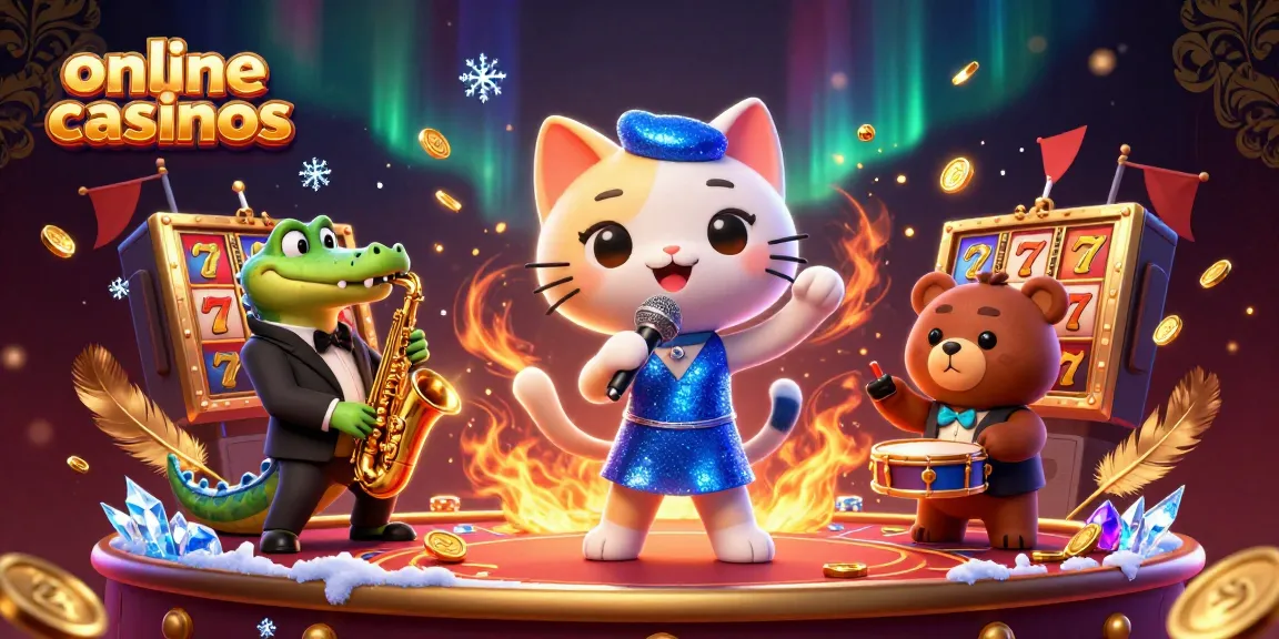 Experience vibrant online casinos with a jazz-singer cat, saxophone crocodile, and drum-bear, surrounded by gaming elements.