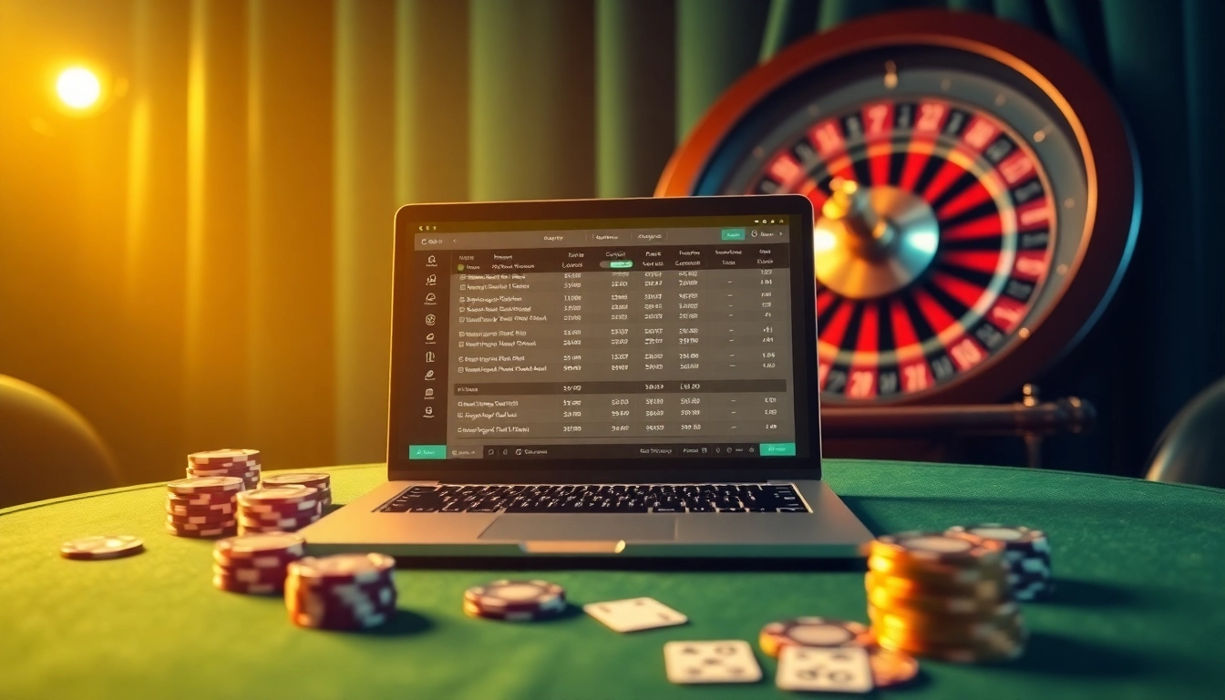 Engaging online sports betting scene focusing on สมัครแทงบอล with a sleek laptop, roulette wheel, and poker chips.