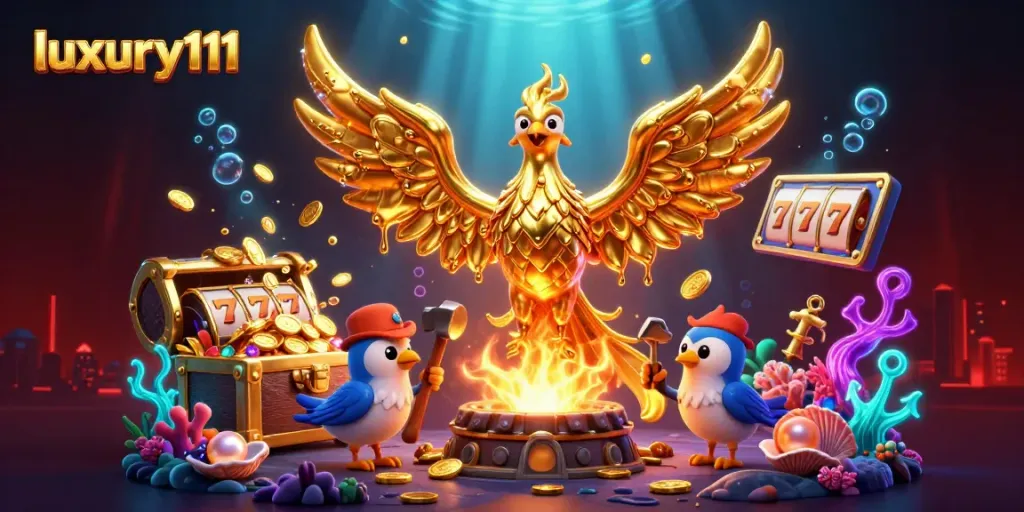 Experience luxury111 through the dynamic chaos of a 3D golden phoenix and slot reels amidst vibrant casino elements.