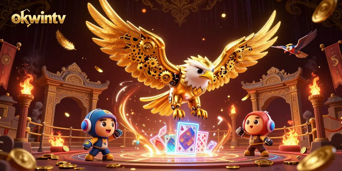 Experience thrilling action with okwintv's ultramodern 3D illustration featuring football cards and an eagle.
