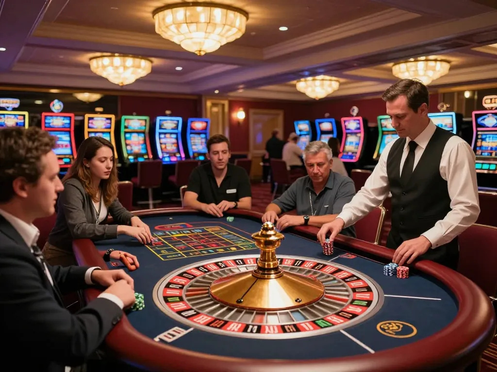 Watch players excitedly engage at the roulette table with the thrilling number 5679 in an upscale casino setting.