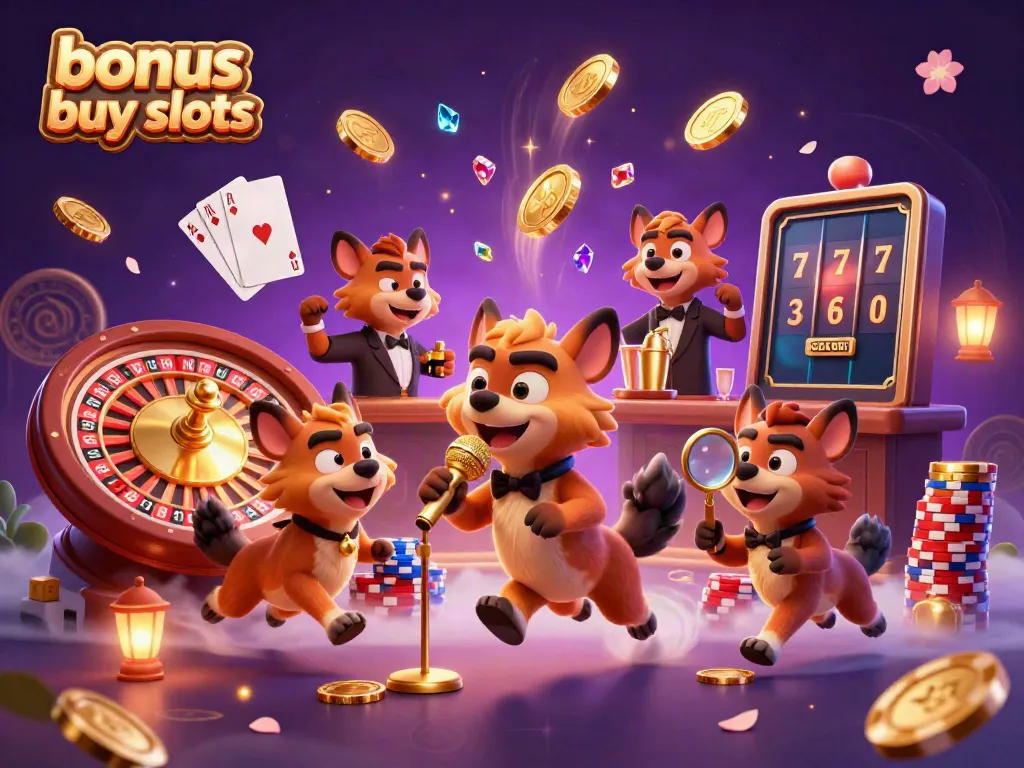 Vibrant illustration showing hyenas at a comedy casino club, featuring the theme of bonus buy slots.