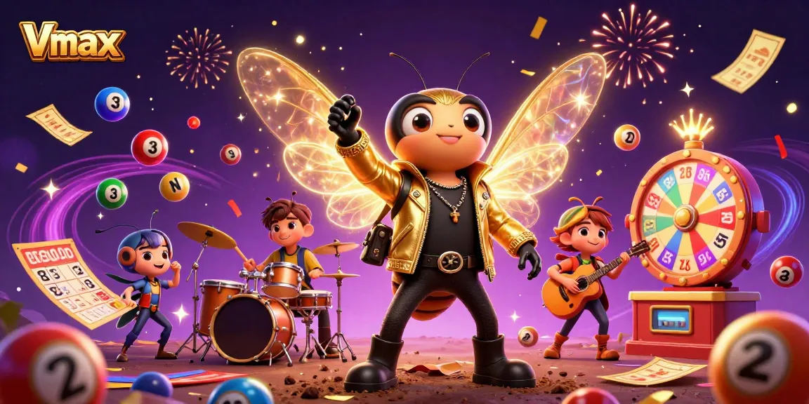 Vmax's animated rock star unleashes vibrant lottery celebrations in an exciting casino scene.