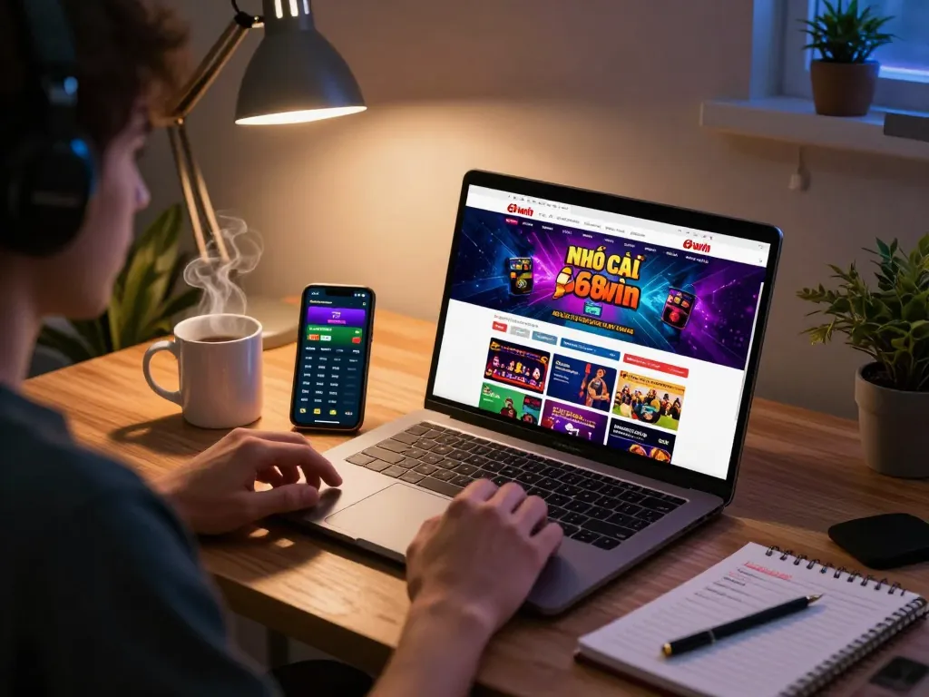 Engaging in strategic betting on nhà cái 68win with a smartphone and laptop at home.