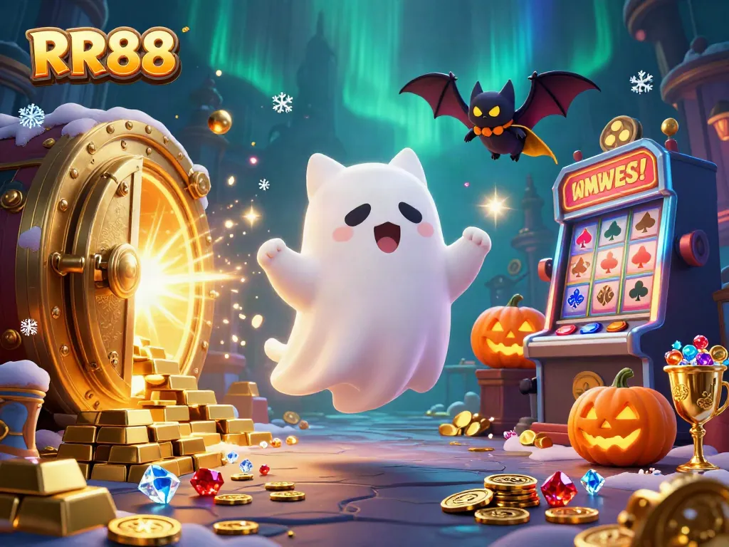 Experience the enchanting world of RR88, where a friendly ghost cat and a vampire bat create a lively casino atmosphere.