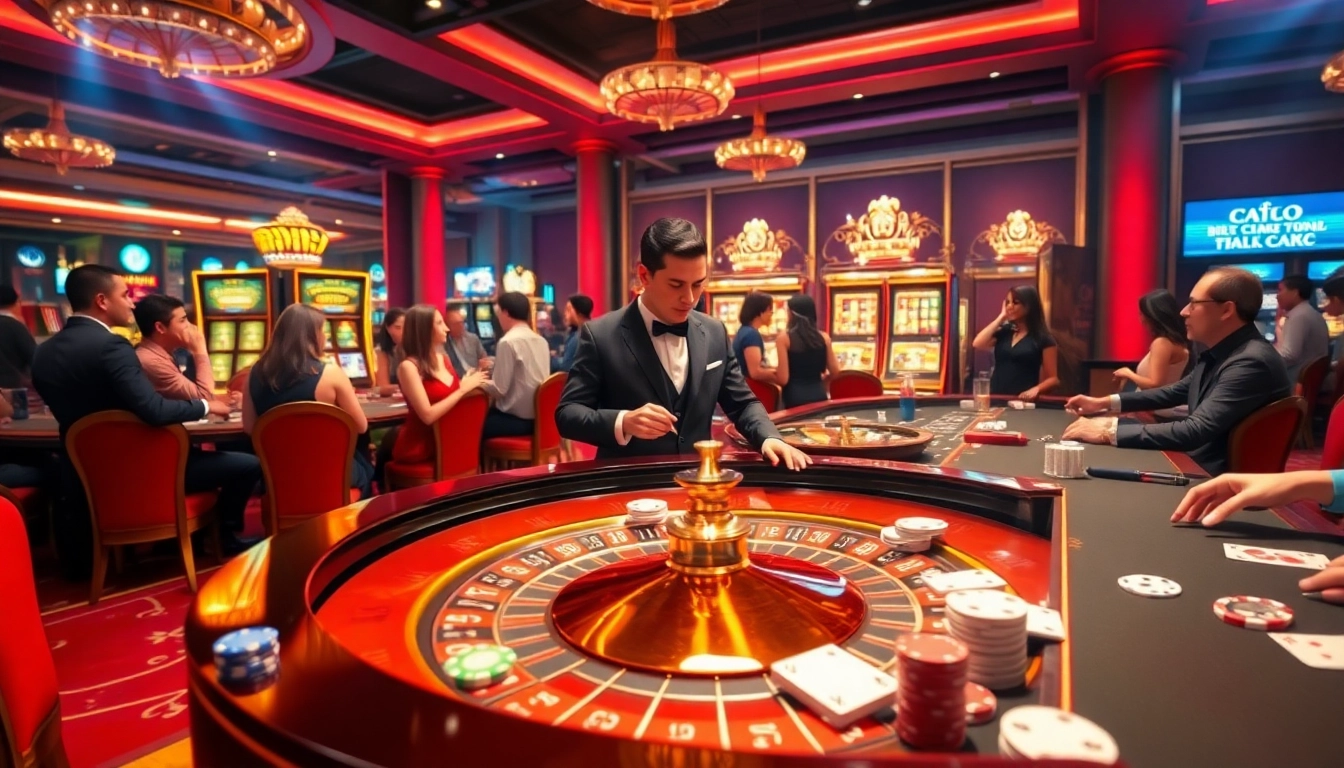 Experience the thrill of winning at https://fun79vip.com/ with a vibrant casino scene featuring roulette tables and slot machines.