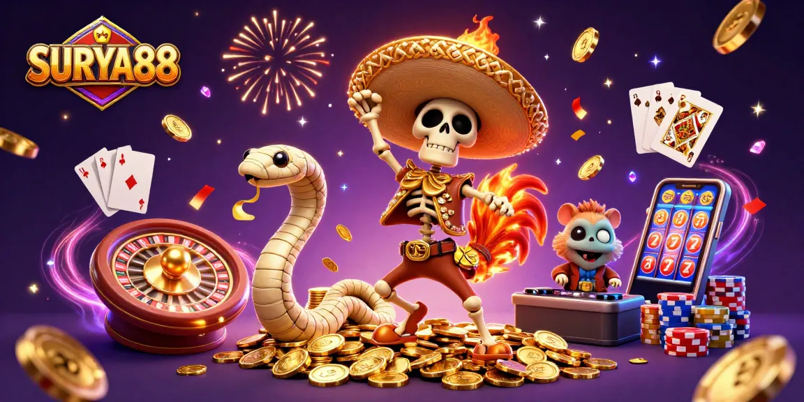 SURYA88 presents an electrifying casino scene with a dancing skeleton rooster, golden coins, and vibrant elements