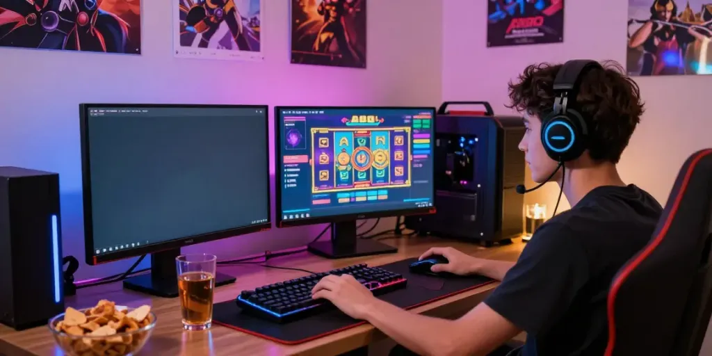 A80 online gaming scene showcasing a player engaged in colorful slot gameplay with gaming gear and cozy atmosphere