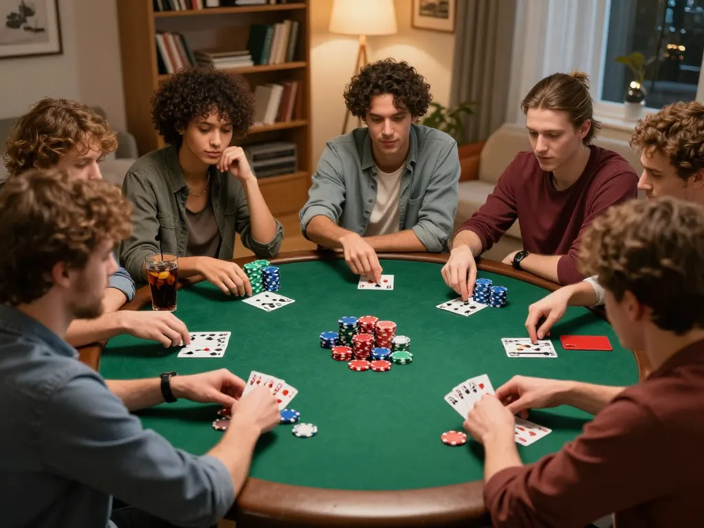 Friends enjoying poker night at home, analyzing hands and strategies around the table, focused on fun with cm 88.
