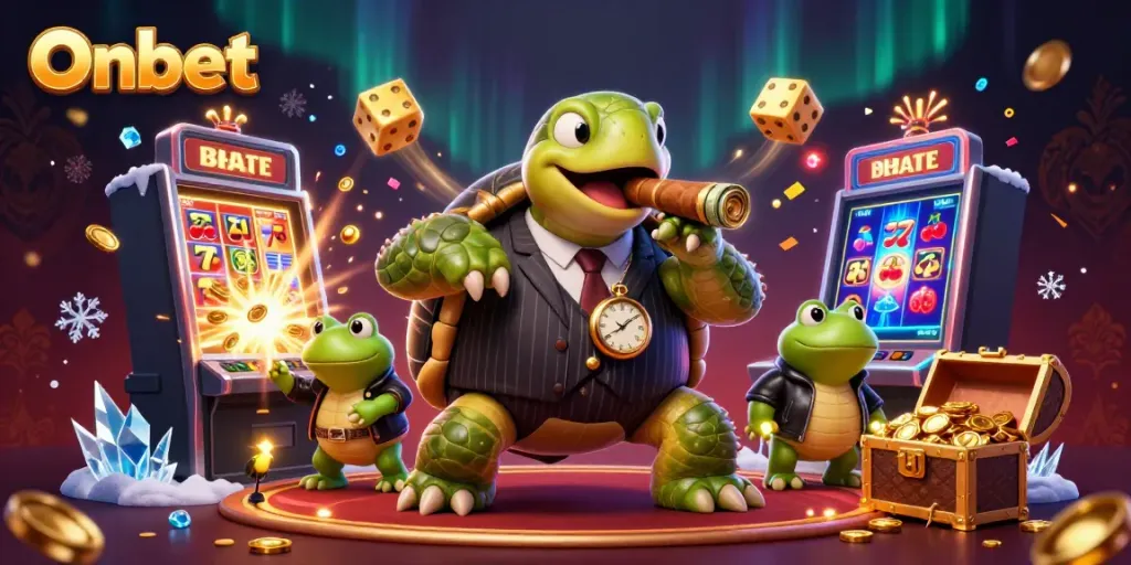 Onbet brings excitement with a massive turtle mobster and casino-themed elements in a vibrant scene