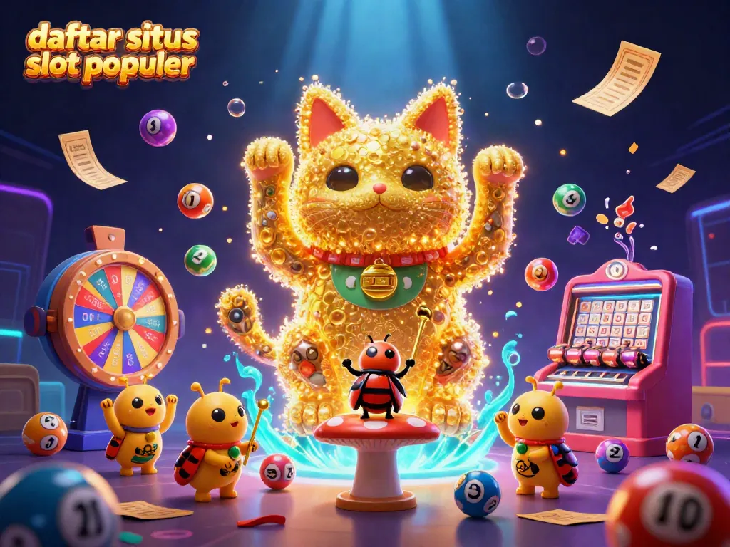 Menyambut keseruan slot online, daftar situs slot populer diilustrasikan dalam bentuk cat keberuntungan dengan bola lotere.