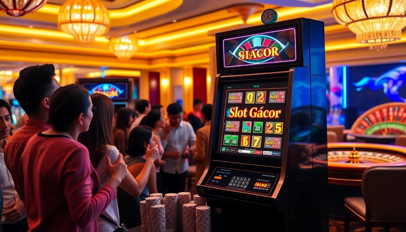 Players enjoying slot gacor on a vibrant casino floor with illuminated machines.