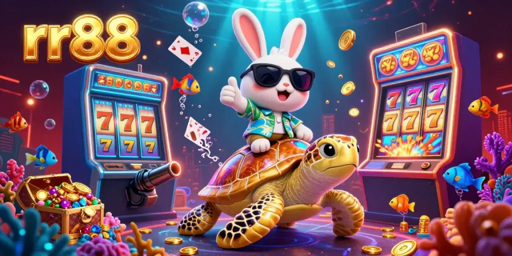 Experience exciting RR88 slots with a lucky rabbit and treasure-filled sea turtle in a vibrant casino scene.