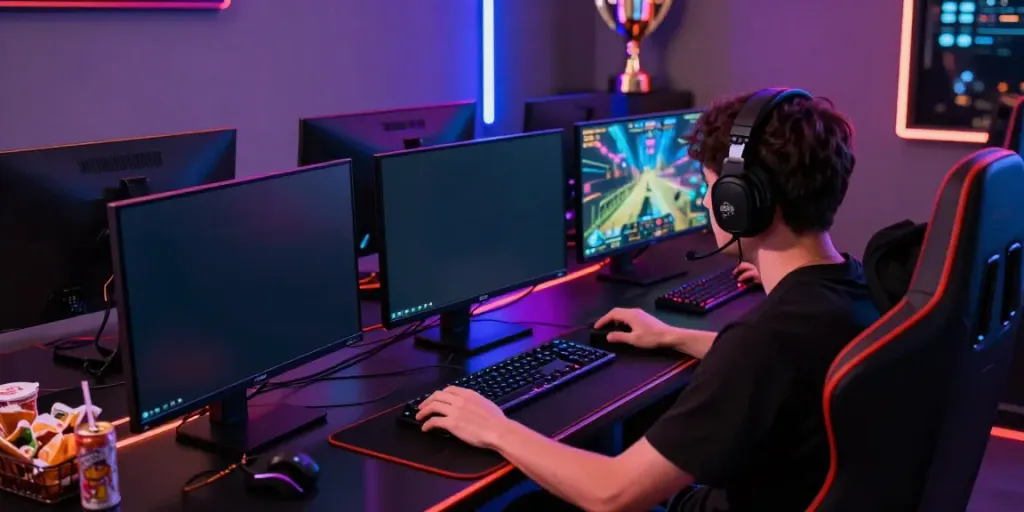 A player immersed in akunjp online gaming, surrounded by an engaging multi-screen setup and vibrant LED lighting.