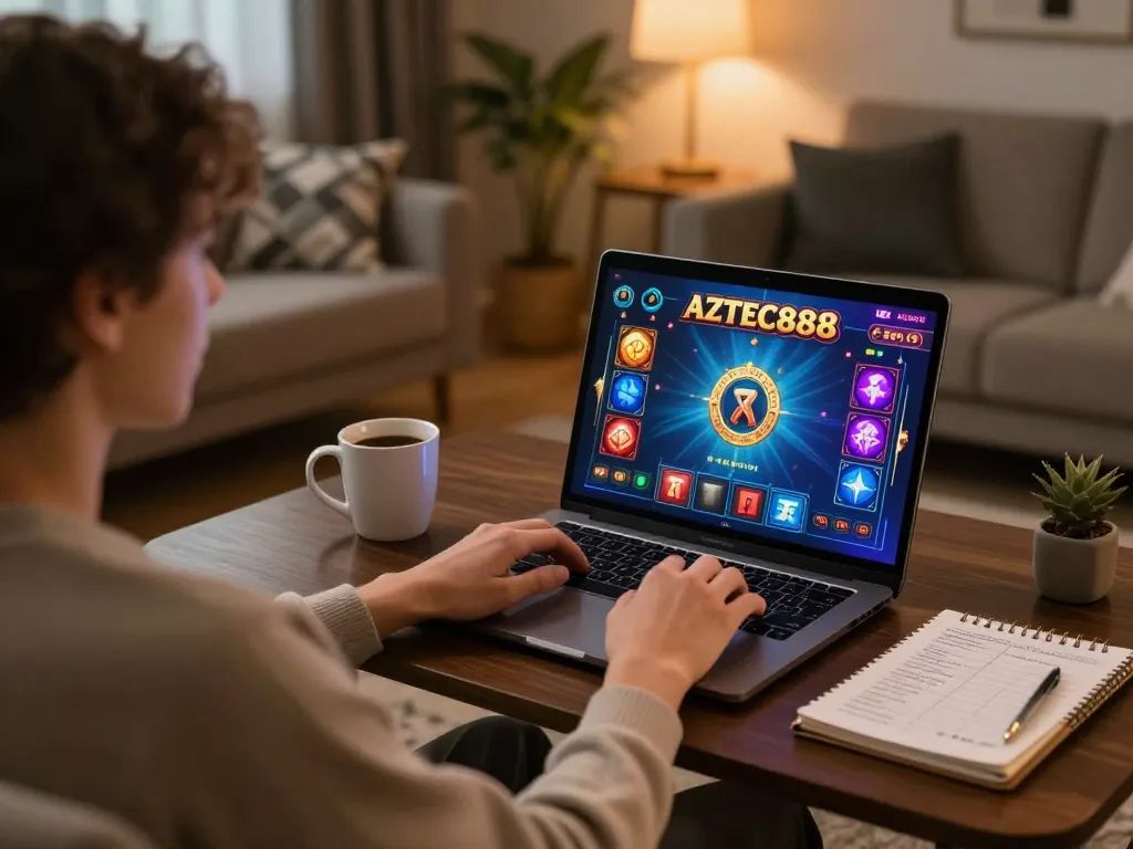Engaged player using AZTEC888 for online gaming on a cozy laptop setup in a stylish home.