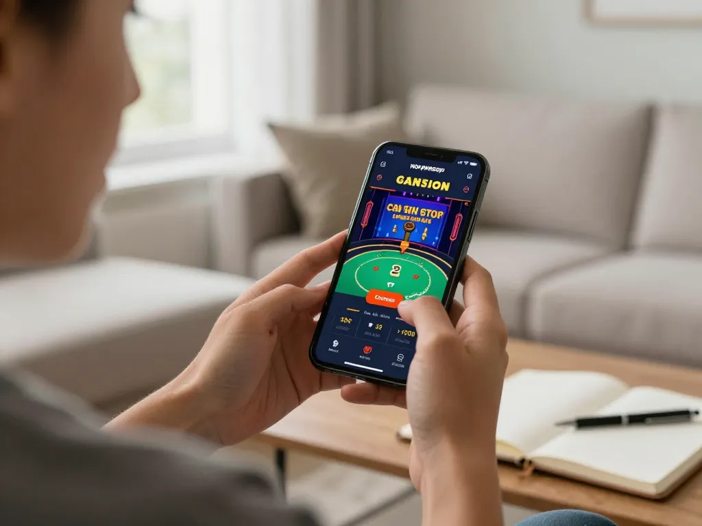 Player enjoying non gamstop online casino app on smartphone in a cozy home setting