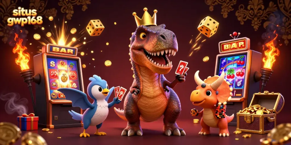 Menghadirkan situs gwp168 dengan karakter dino bermain kartu dan menumpuk chip emas dalam suasana glitzy kasino.
