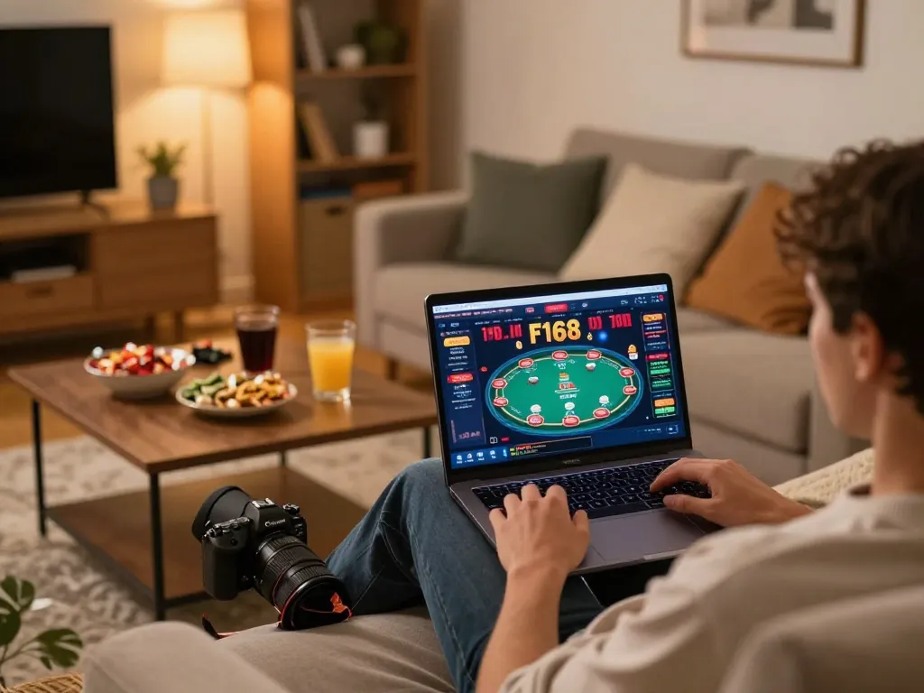 Engaging in a poker game on F168 online casino from a cozy home setup with snacks.